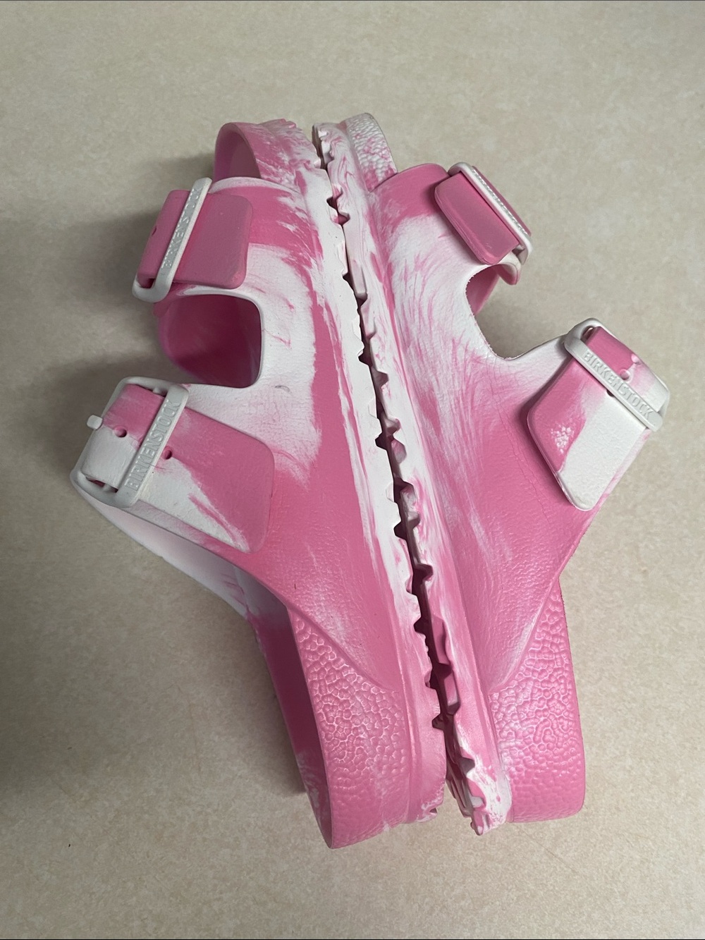 Birkenstock Pink and White Two-Strap EVA Slides L6 - Picture 8 of 10